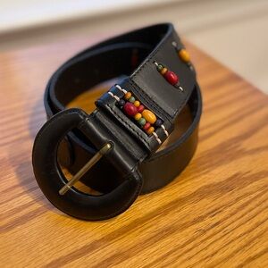 Fun Black Leather Belt with Colorful Wooden Beaded Accents